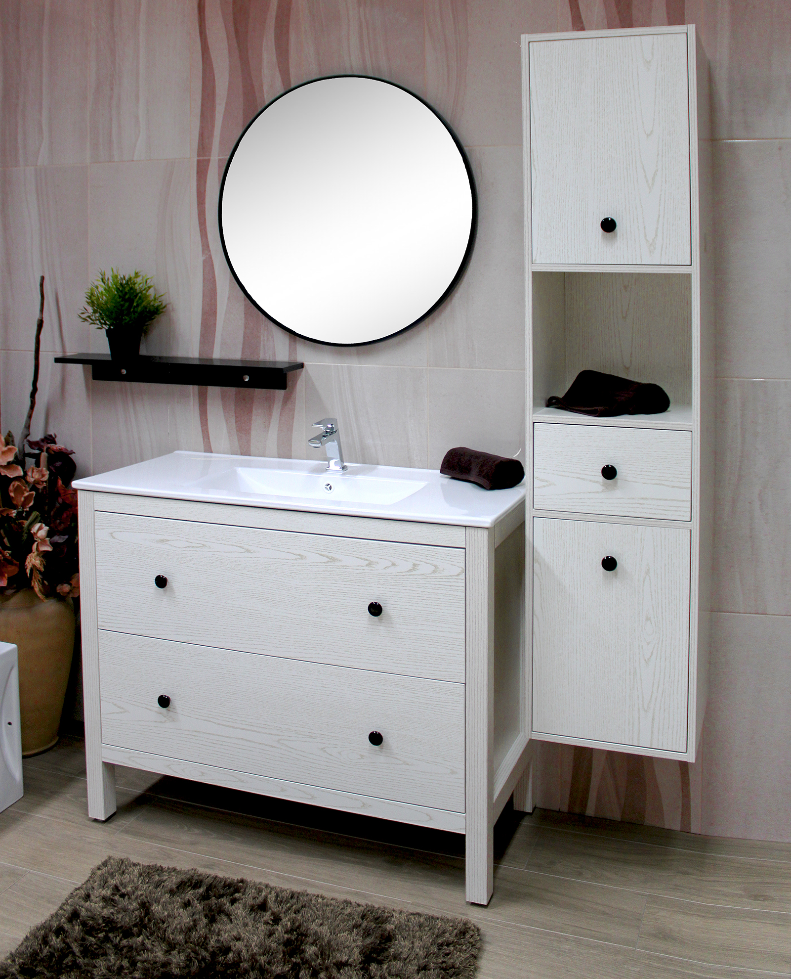 Mobile bagno Parigi terra 100 cm bianco decapè con lavabo specchio, pensile  e colonna - Cerama Shop Online di igienico-sanitari ed accessori per il  bagno