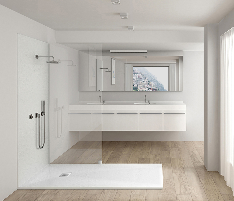 Piatto doccia bianco Piatto doccia rettangolare “Dolomia” in marmogres bianco 80×140 h 2,5 cm riducibile ultraslim effetto pietra