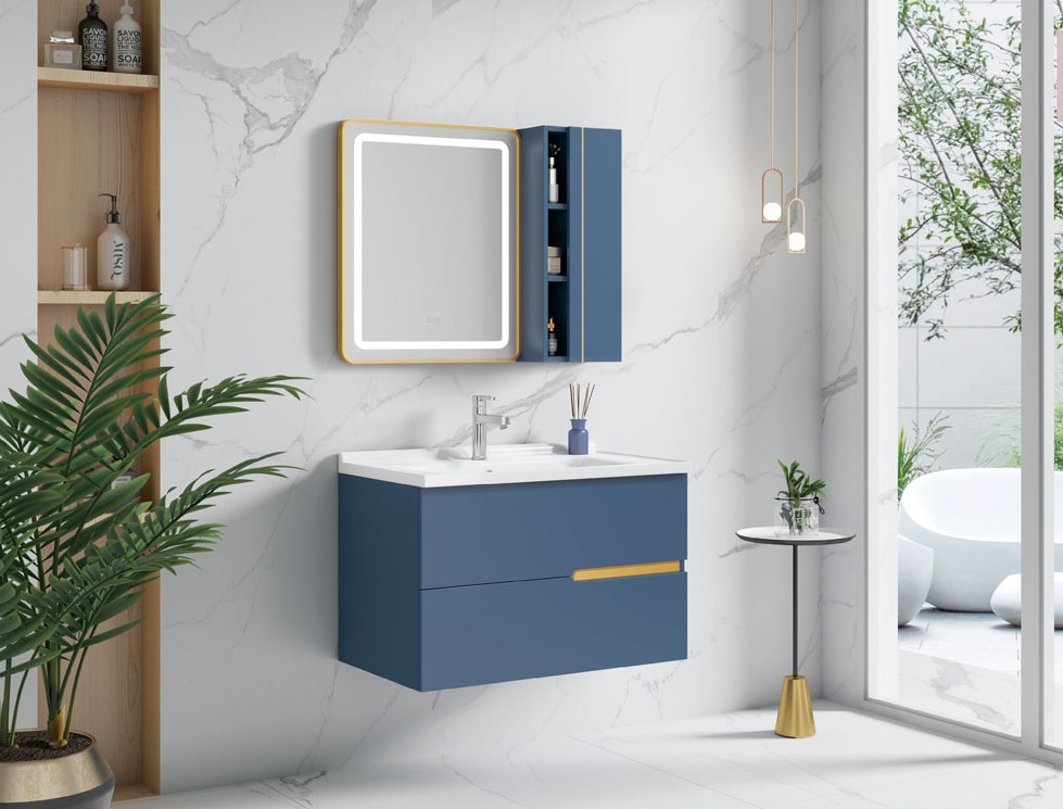 STOCCOLMA 1 Mobile bagno Stoccolma sospeso da 80 cm blu indaco con lavabo specchio e pensile