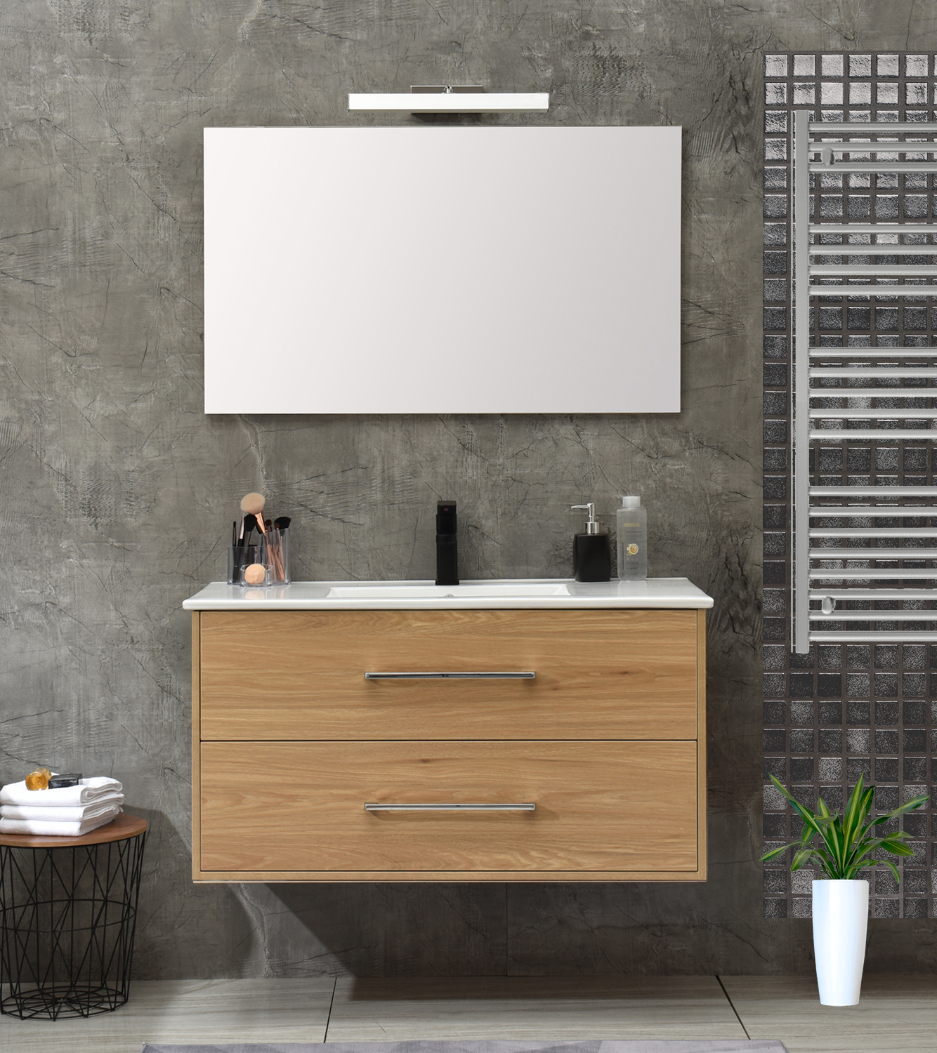 Mobile bagno Praga sospeso 100 cm rovere effetto legno con lavabo e specchio(lampada  esclusa) - Cerama Shop Online di igienico-sanitari ed accessori per il bagno